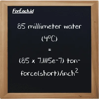 How to convert millimeter water (4<sup>o</sup>C) to ton-force(short)/inch<sup>2</sup>: 85 millimeter water (4<sup>o</sup>C) (mmH2O) is equivalent to 85 times 7.1115e-7 ton-force(short)/inch<sup>2</sup> (tf/in<sup>2</sup>)